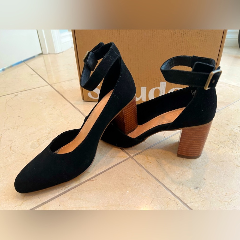 New Soludos Black Tan GEMMA Suede Stacked D’Orsay Ankle Strap Heel Pump 7.5